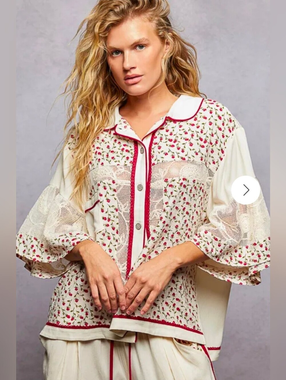 Boho Embroidered Cream and Red Button-Front Women's Top, NWT